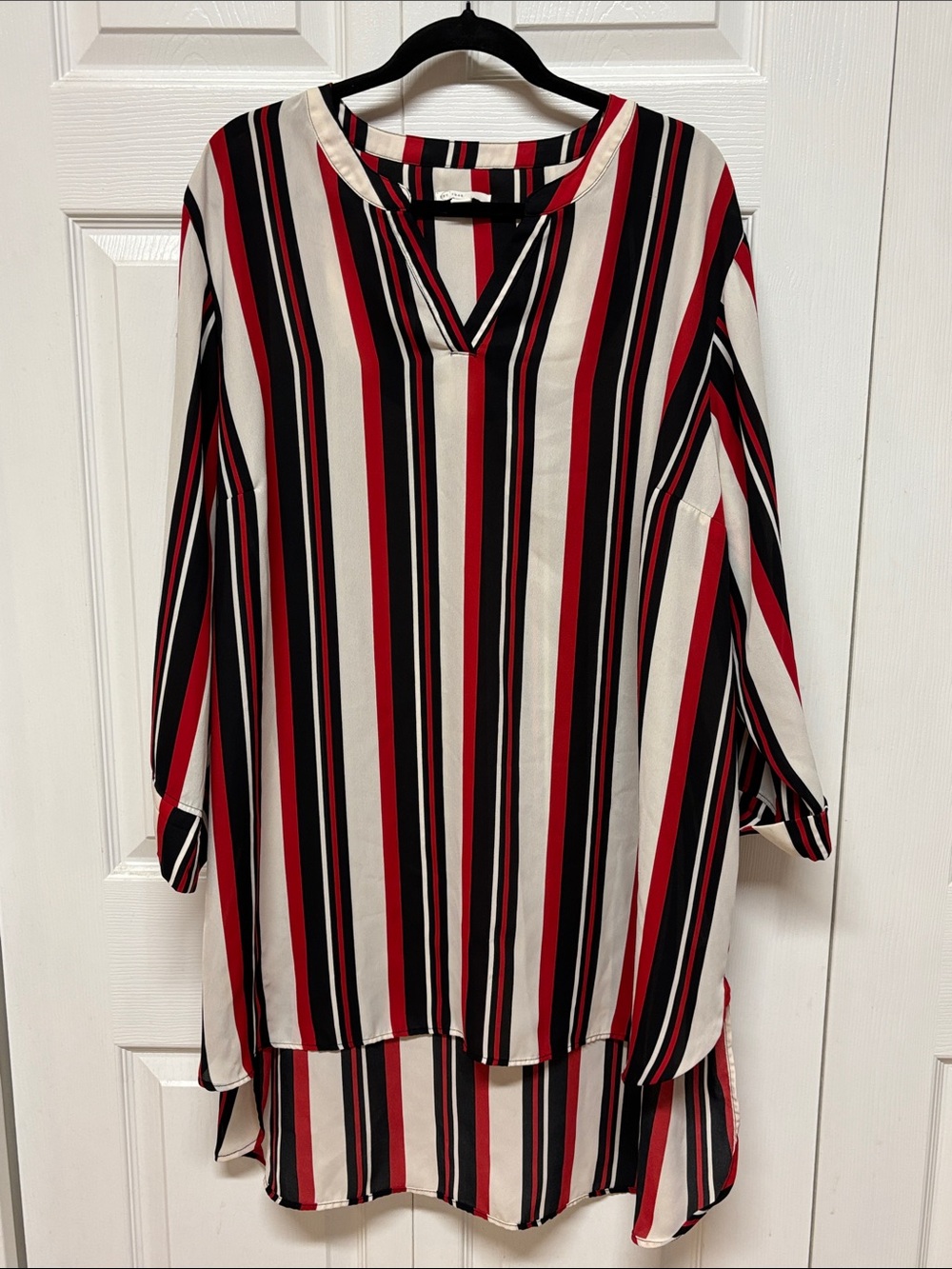 Striped V-Neck Tunic in Red, Black & White